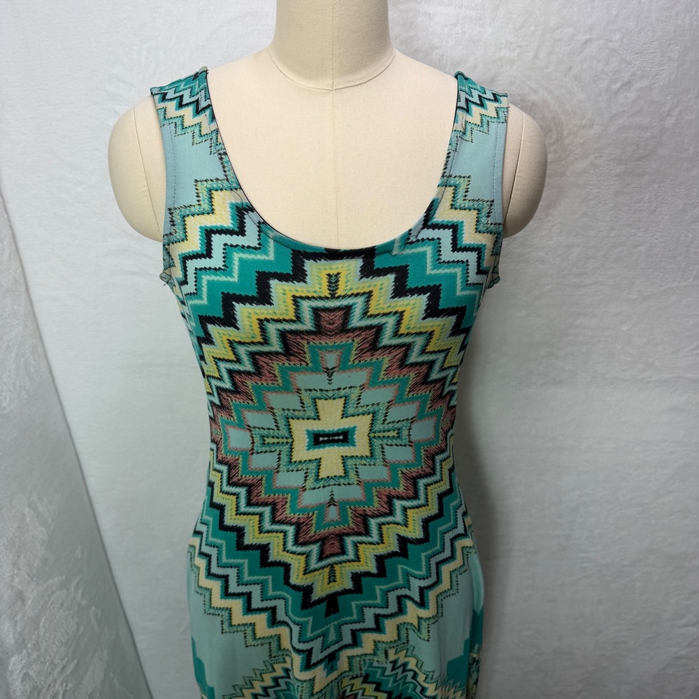 Bailey Blue Teal Geometric Zigzag Open Back Maxi Dress Cruise Beach Coastal